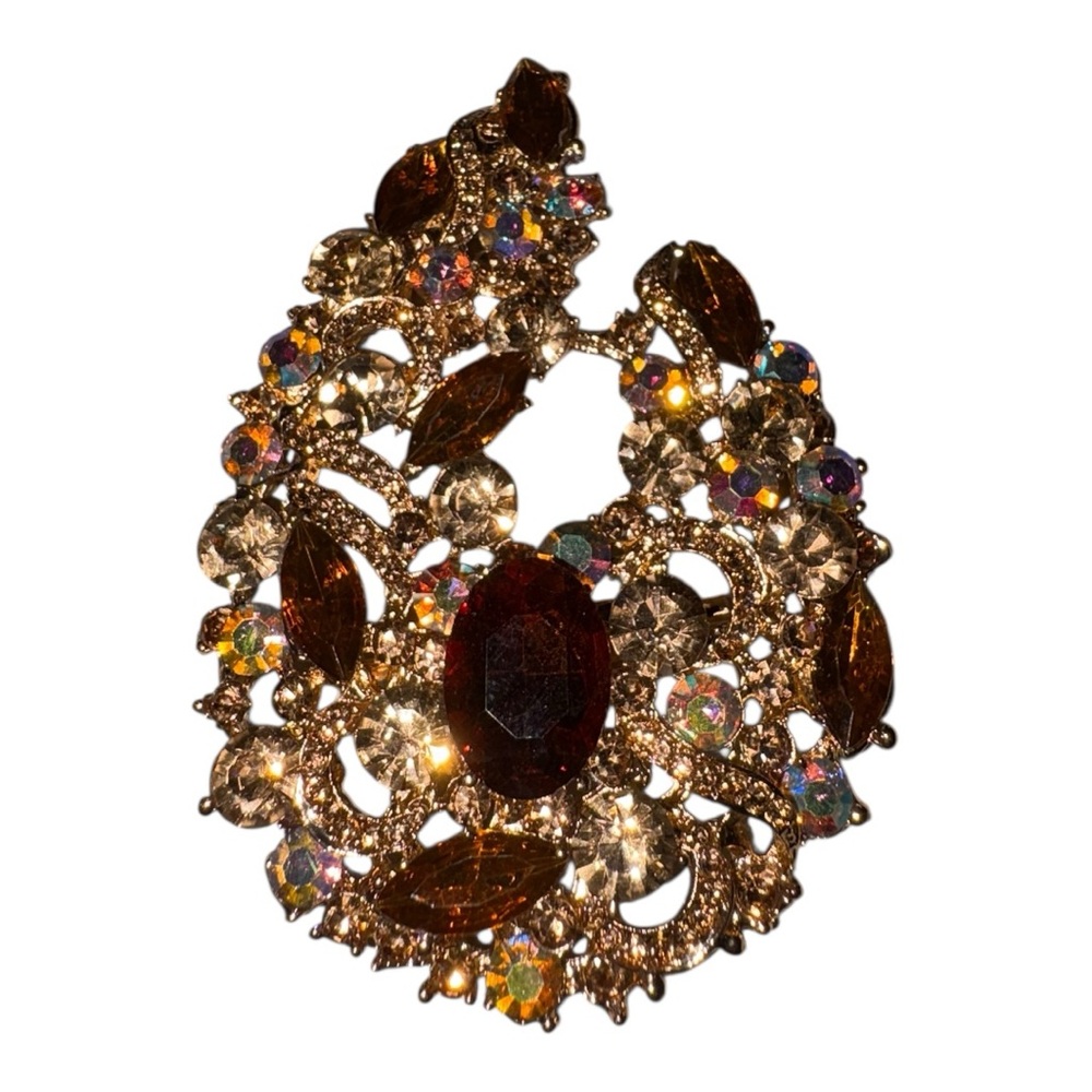 Amber Rhinestone Openwork Gold Statement Brooch J… - image 3